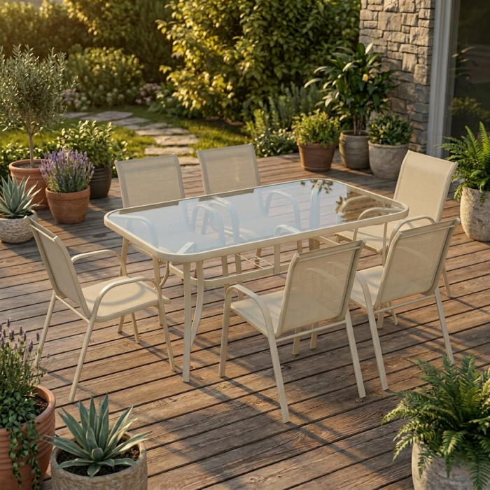 Скляний садовий обідній стіл для тераси Ideal Garden AY014 150х90 см Бежевий